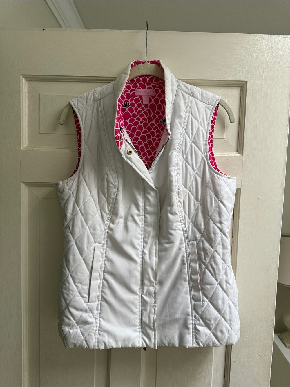 Lilly Pulitzer White Quilted Vest with Pink Printed Lining